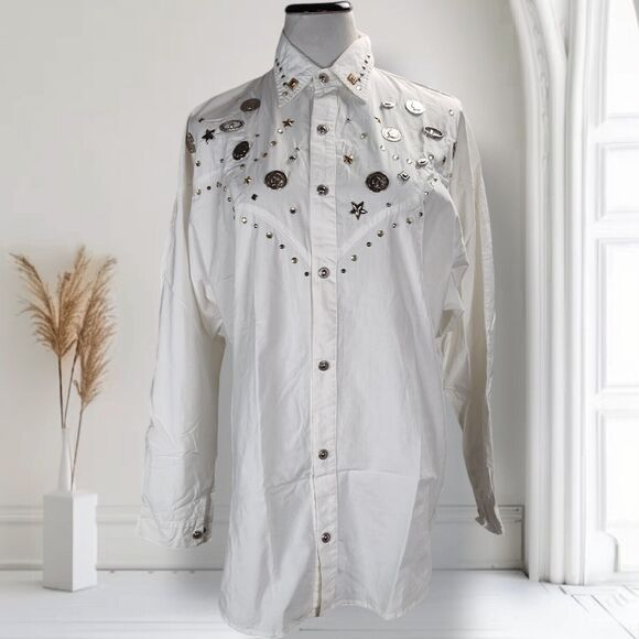 Vintage 80s Studded Western Top Size M Buffalo Head Coins Snap Front Blouse - Picture 2 of 16